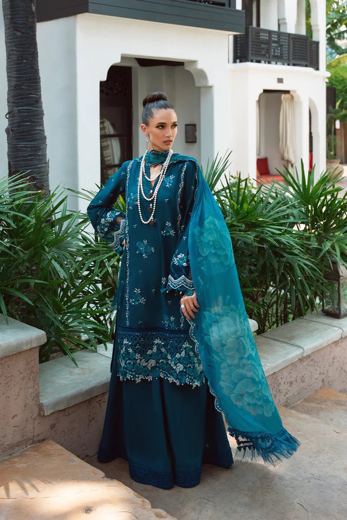 Model wearing teal Sibel SRLL2 - 24 - 04 dress from Saira Rizwan, Lawn '24 Vol II collection. Pakistani designer clothes in UK, readymade clothes, elegant fashion.