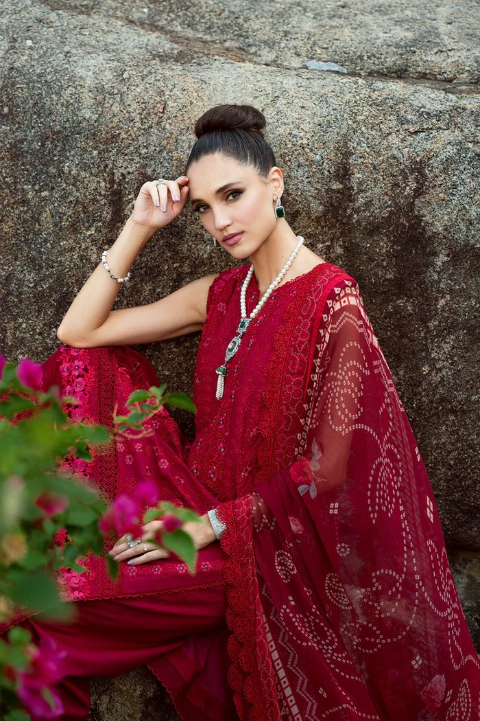 Model wearing red Sophia SRLL2 - 24 - 02 dress from Saira Rizwan, Lawn '24 Vol II collection. Pakistani designer clothes in UK, readymade clothes, elegant fashion.