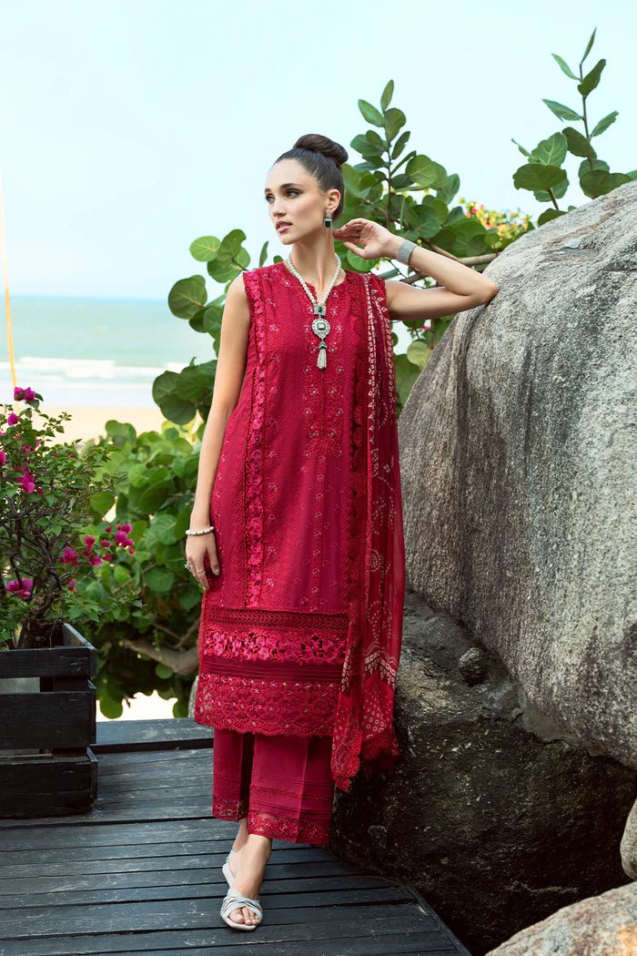 Model wearing red Sophia SRLL2 - 24 - 02 dress from Saira Rizwan, Lawn '24 Vol II collection. Pakistani designer clothes in UK, readymade clothes, elegant fashion.