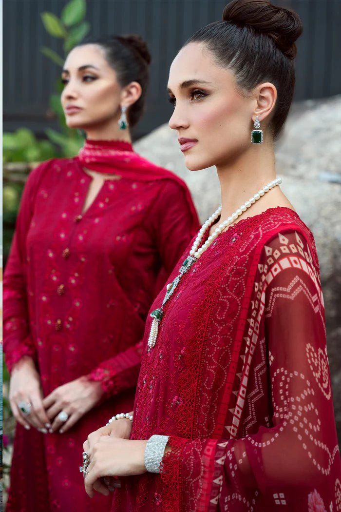 Model wearing red Sophia SRLL2 - 24 - 02 dress from Saira Rizwan, Lawn '24 Vol II collection. Pakistani designer clothes in UK, readymade clothes, elegant fashion.