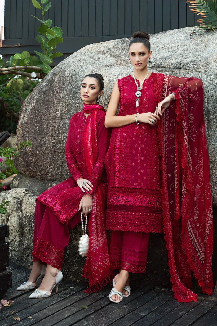 Model wearing red Sophia SRLL2 - 24 - 02 dress from Saira Rizwan, Lawn '24 Vol II collection. Pakistani designer clothes in UK, readymade clothes, elegant fashion.