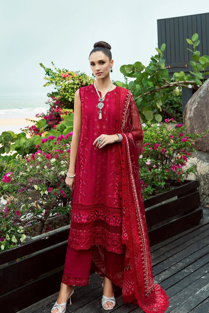 Model wearing red Sophia SRLL2 - 24 - 02 dress from Saira Rizwan, Lawn '24 Vol II collection. Pakistani designer clothes in UK, readymade clothes, elegant fashion.