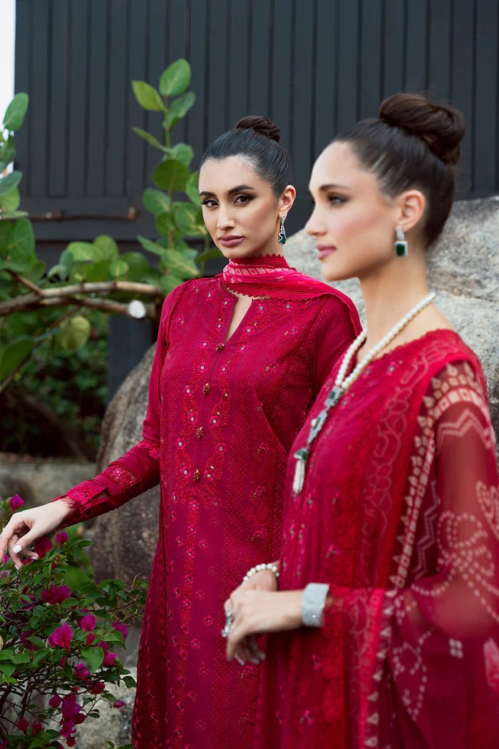 Model wearing red Sophia SRLL2 - 24 - 02 dress from Saira Rizwan, Lawn '24 Vol II collection. Pakistani designer clothes in UK, readymade clothes, elegant fashion.