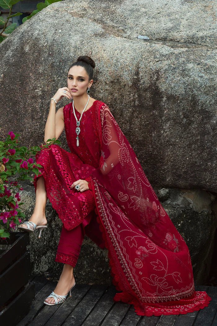 Model wearing red Sophia SRLL2 - 24 - 02 dress from Saira Rizwan, Lawn '24 Vol II collection. Pakistani designer clothes in UK, readymade clothes, elegant fashion.