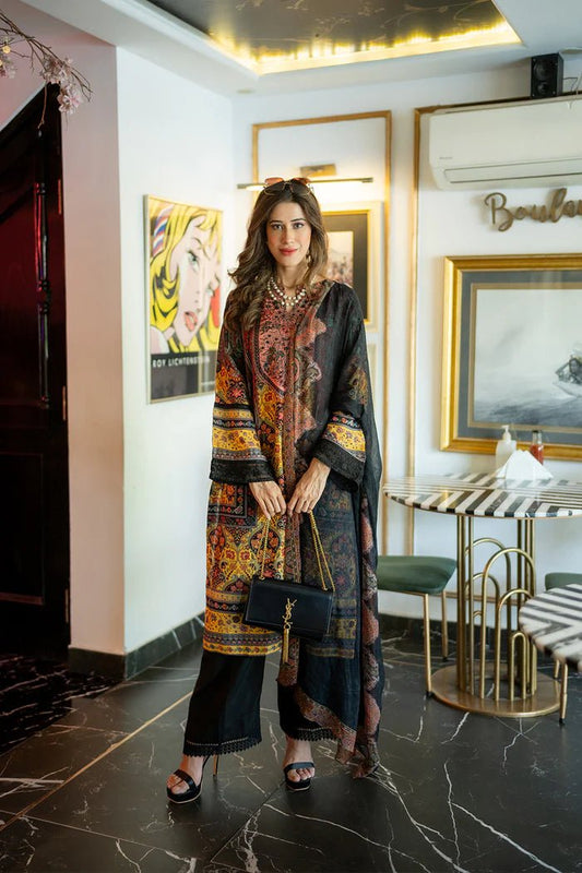 Model wearing Saira Rizwan Luxe Silk Pret '24 CECE - SRSP24 - 02 dress, showcasing Pakistani clothes online in the UK.