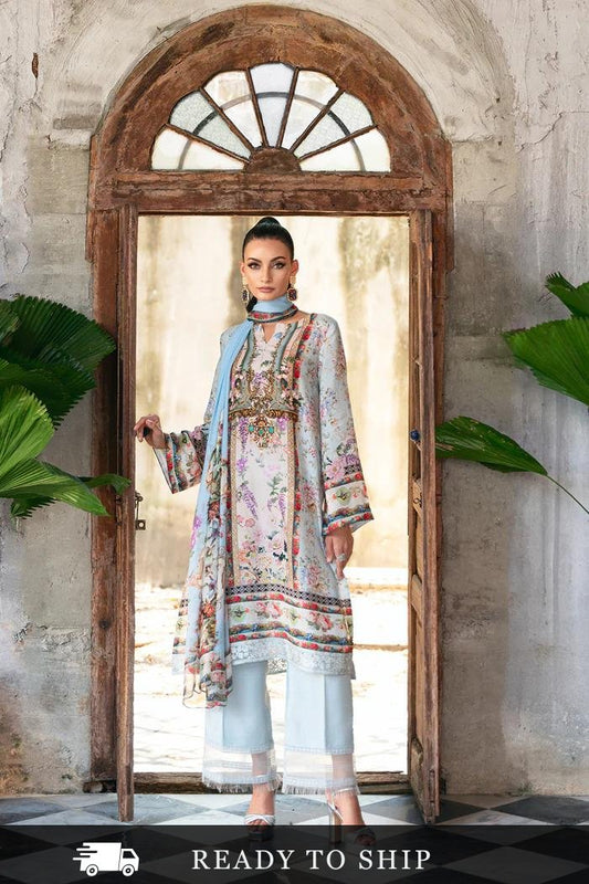 Model wearing the pastel CHARLENE dress by Saira Rizwan, ideal for UK Pakistani designer Eid fashion.