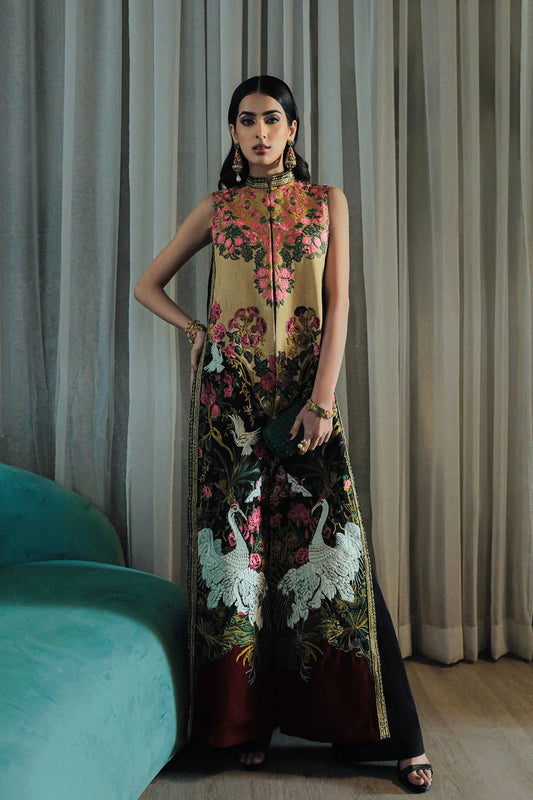 Model wearing Saira Rizwan Luxury Pret Riona '23 Ayla dress, highlighting Pakistani clothes online in UK.