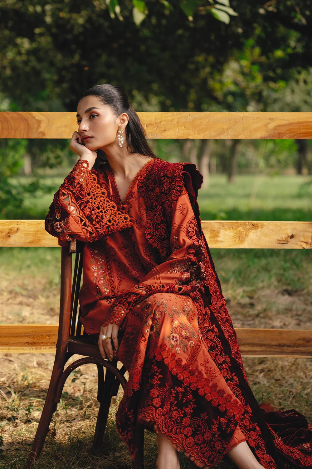 Model wearing CIRO - SRW24 - 10 from Saira Rizwan's Winter Unstitched '24 Collection, featuring intricate designs. Pakistani clothes online in UK.