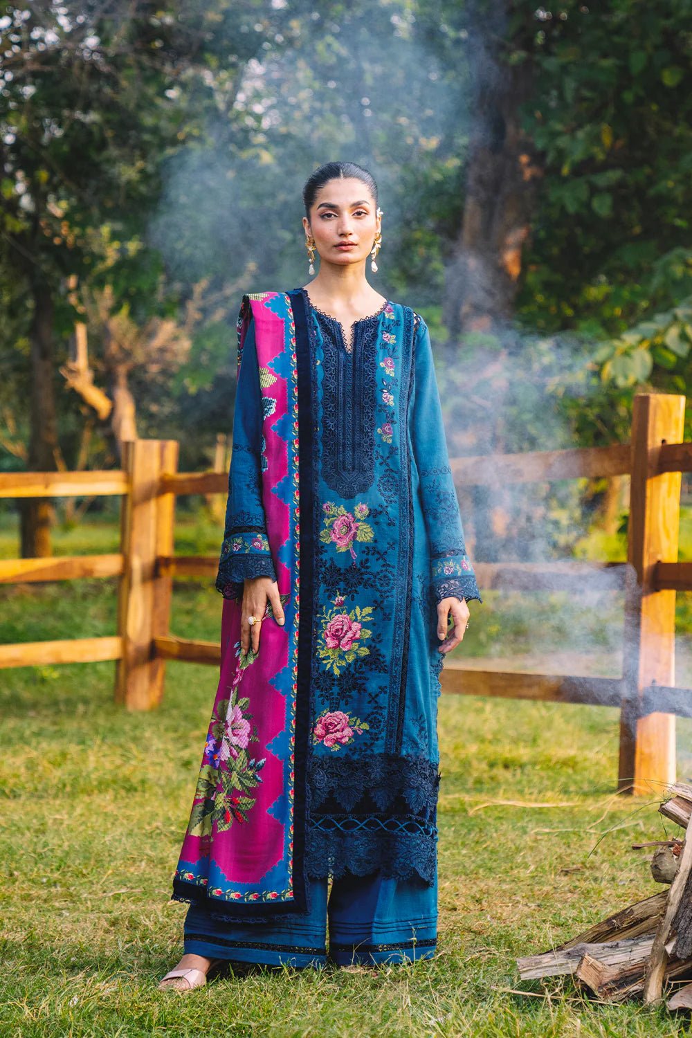 Model wearing DINA - SRW24 - 04 from Saira Rizwan's Winter Unstitched '24 Collection, showcasing intricate detailing. Pakistani clothes online in UK.