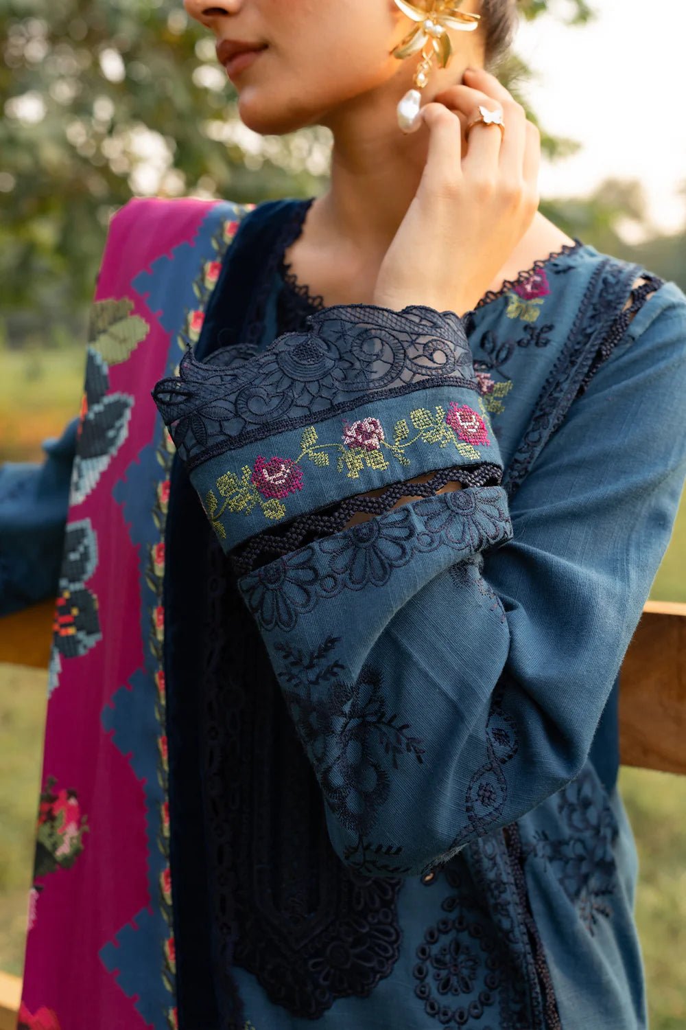 Model wearing DINA - SRW24 - 04 from Saira Rizwan's Winter Unstitched '24 Collection, showcasing intricate detailing. Pakistani clothes online in UK.