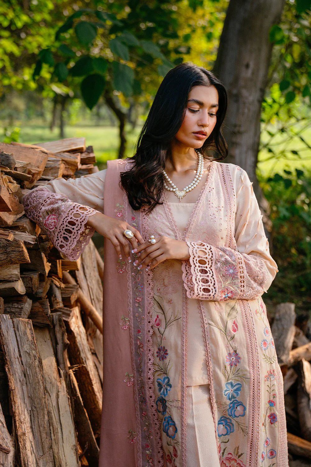 Model wearing LANA - SRW24 - 03 from Saira Rizwan's Winter Unstitched '24 Collection, highlighting elegant design. Pakistani clothes online in UK.