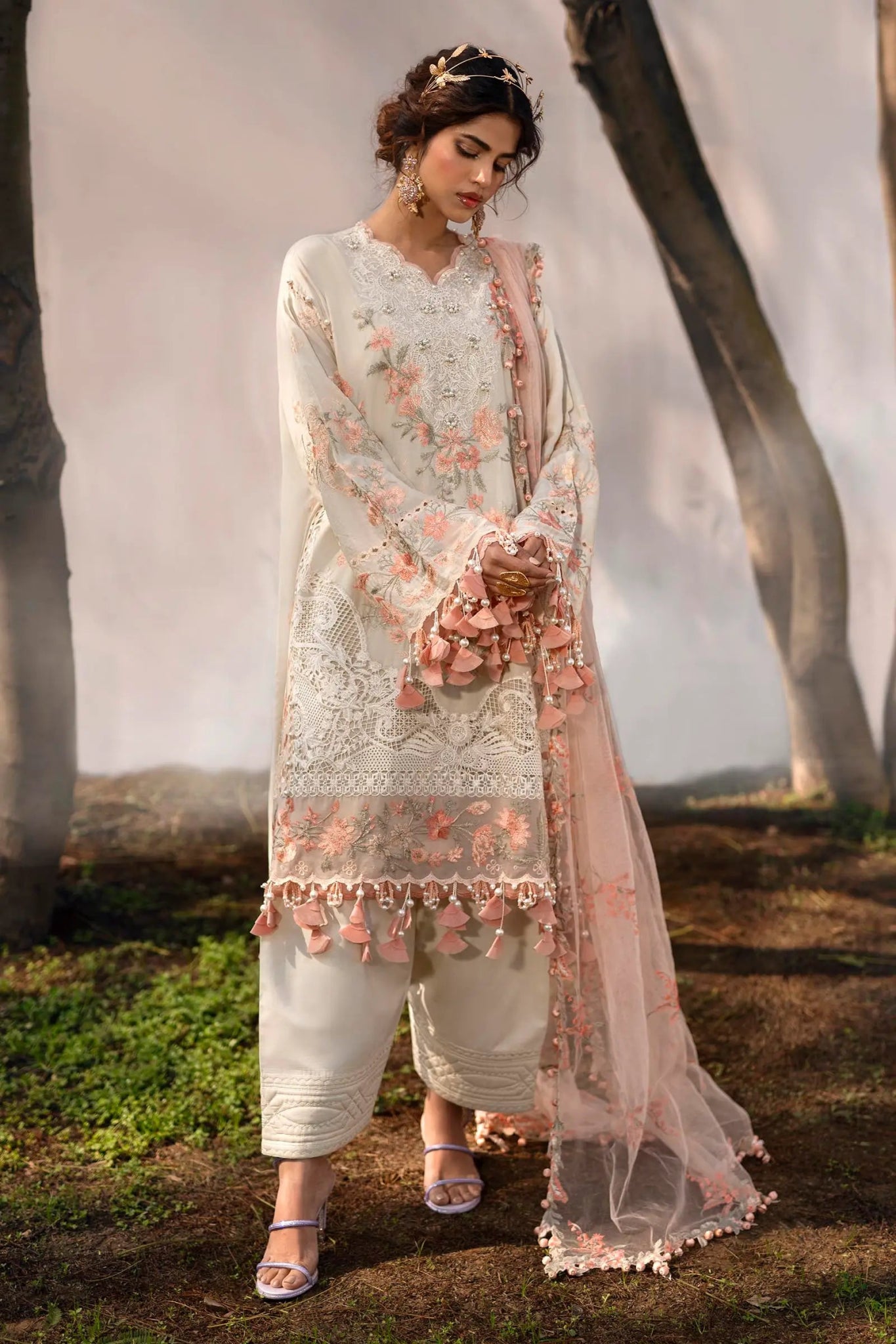 Elegant Sana Safinaz L241 - 003B - 3CT dress, with intricate embroidery and soft peach accents.