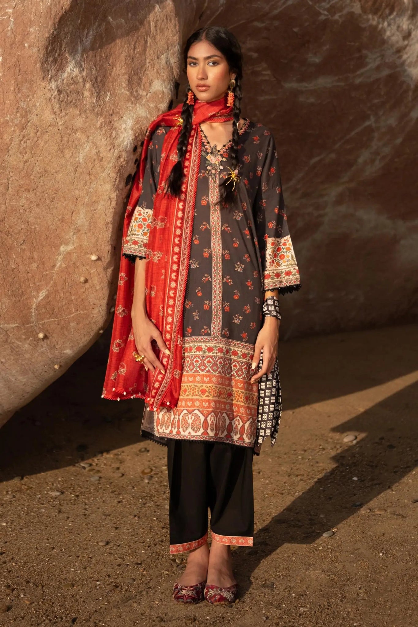 "Model in a Sana Safinaz H241 - 017A - 2BK dress, epitome of Pakistani fashion in the UK."