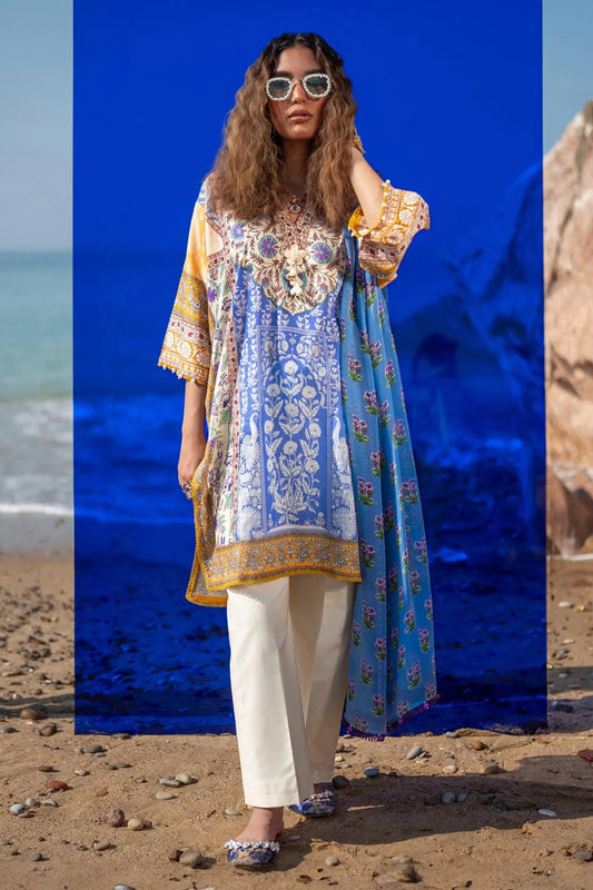 Model wearing Sana Safinaz Mahay unstitched ‘24 Vol-1 H241-003A-2BI dress, perfect for Pakistani clothes online in the UK.