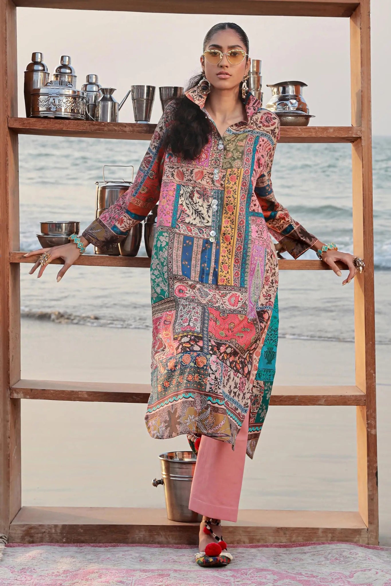 "Model in vibrant Sana Safinaz H241 - 014A - 2C dress, perfect for Pakistani fashion in the UK."