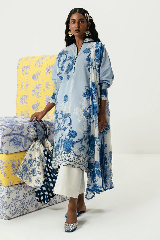 Model wearing Sana Safinaz Mahay'24 light blue floral lawn dress, elegant summer wear in UK.