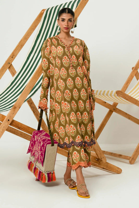 Model wearing Sana Safinaz H242 - 011B - 2AC olive green Pakistani lawn suit with vibrant dupatta.