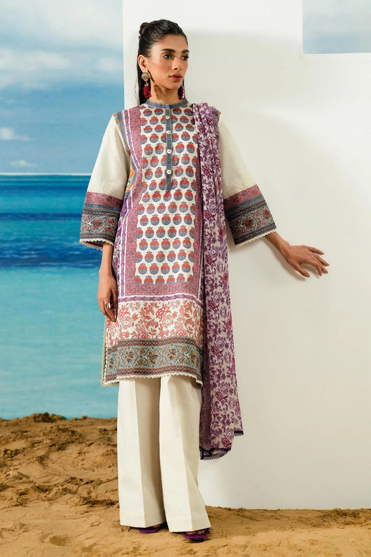 Model in Sana Safinaz H242 - 016A - 3CI lavender patterned Pakistani lawn suit with cream pants.