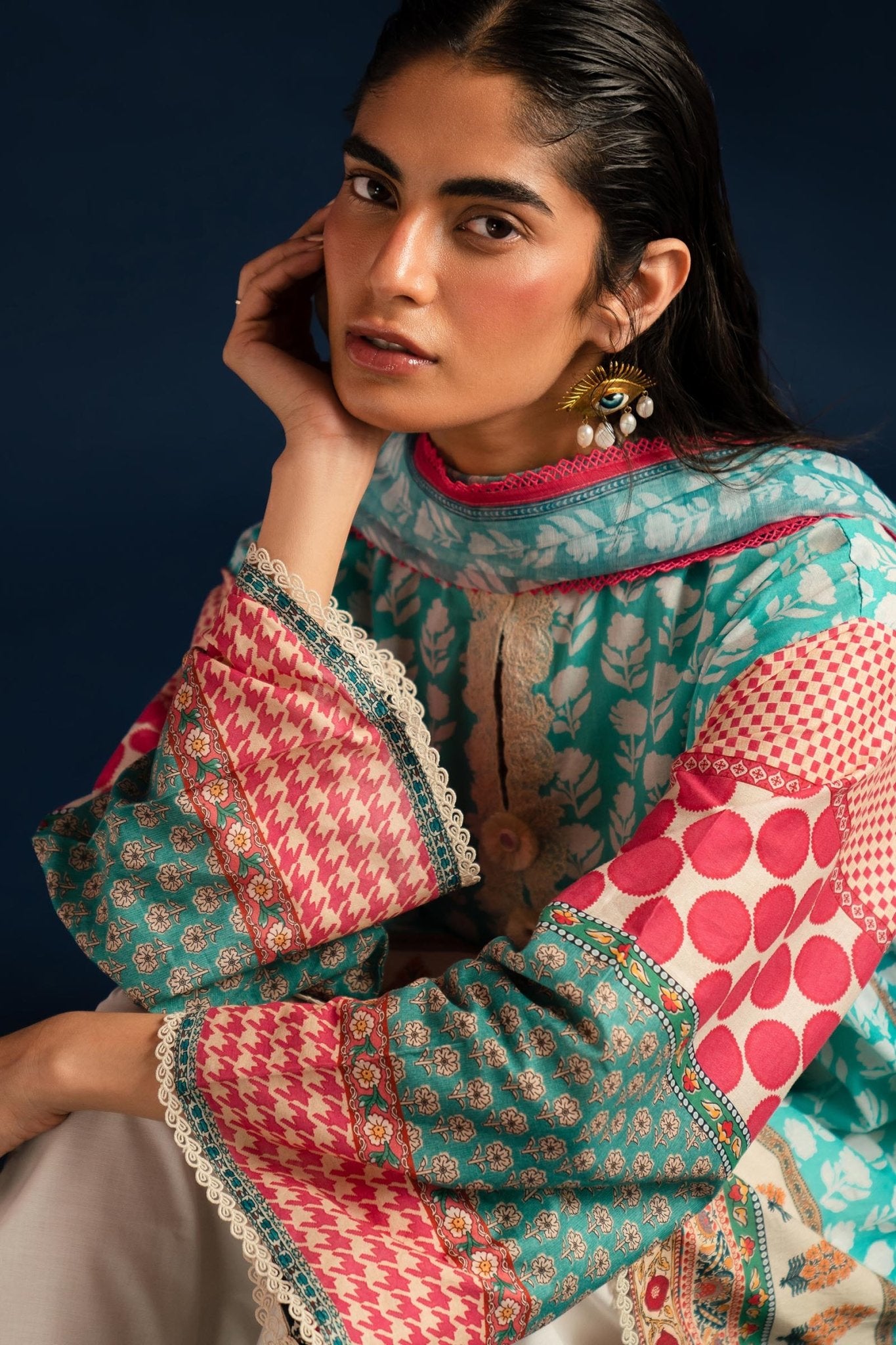 Model wearing blue Sana Safinaz Mahay'24 Summer Vol - II H242 - 019B - 2DD dress, perfect for Pakistani clothes online in UK.