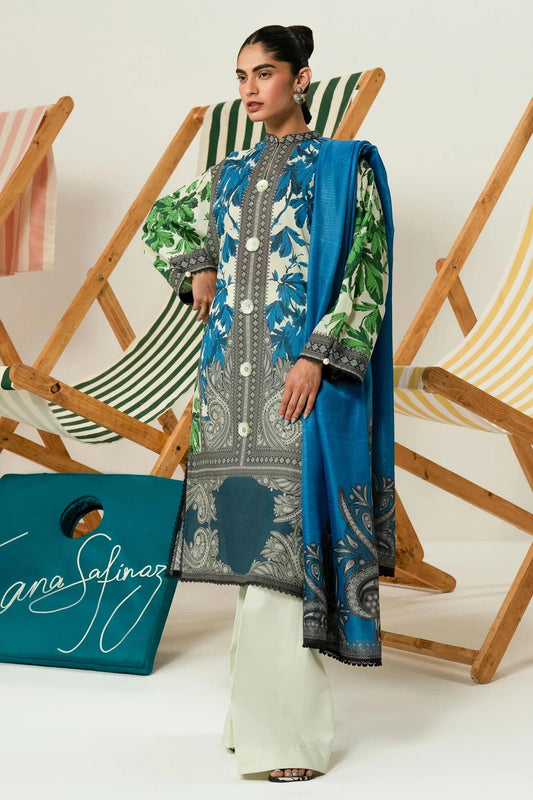 Model wearing Sana Safinaz H242 - 021B - 2S blue and grey Pakistani summer lawn suit with dupatta.