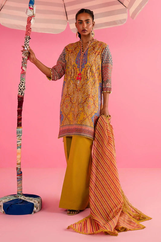 Model wearing Sana Safinaz H242 - 022B - 3DE mustard Pakistani lawn dress with multicolor dupatta.