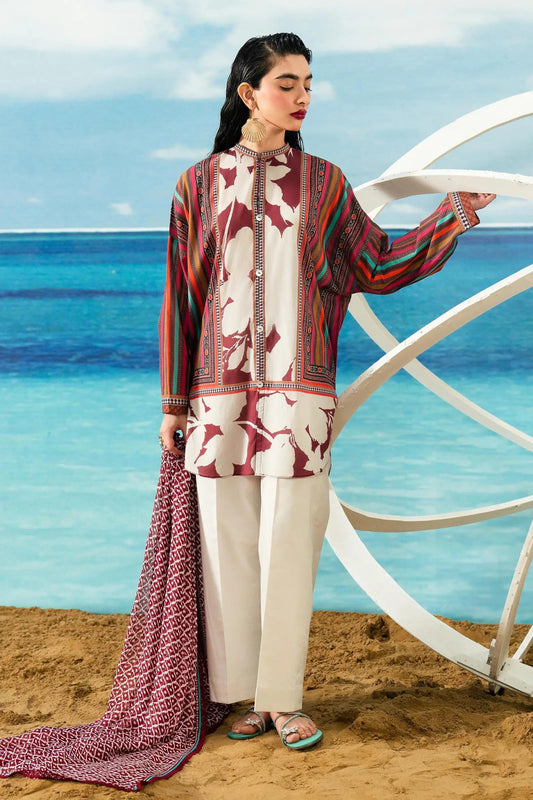 Model wearing Sana Safinaz H242 - 023A - 2I white and maroon Pakistani summer lawn suit with printed dupatta.