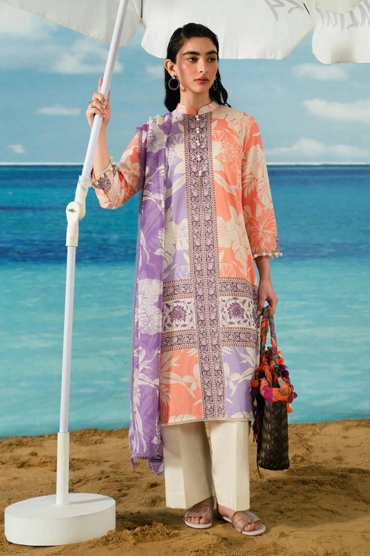 Model wearing Sana Safinaz H242 - 025A - 2I peach and purple Pakistani lawn dress with dupatta.