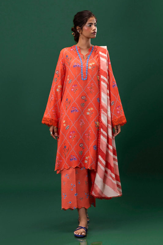 A model is wearing a three - piece outfit from the Mahay Winter '24 collection by Sana Safinaz. The set includes a digitally printed linen shirt with matching front, back, and sleeves, featuring delicate embroidered patti on organza. Paired with rotary - printed cambric pants and a coordinating linen dupatta with a bold striped design. Perfect for women seeking modern Pakistani fashion. Available online in the UK.