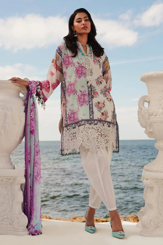 Model wearing Sana Safinaz Muzlin Spring '24 Vol-1 M241-003B-3CI dress, showcasing elegant Pakistani clothes online in the UK.