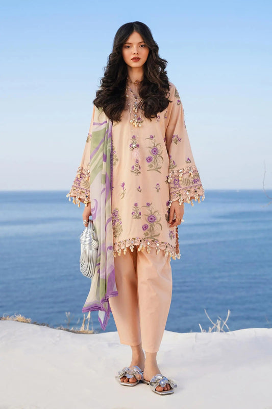 Model wearing Sana Safinaz Muzlin Spring '24 Vol-1 M241-010B-3CJ dress, showcasing elegant Pakistani clothes available online in the UK.