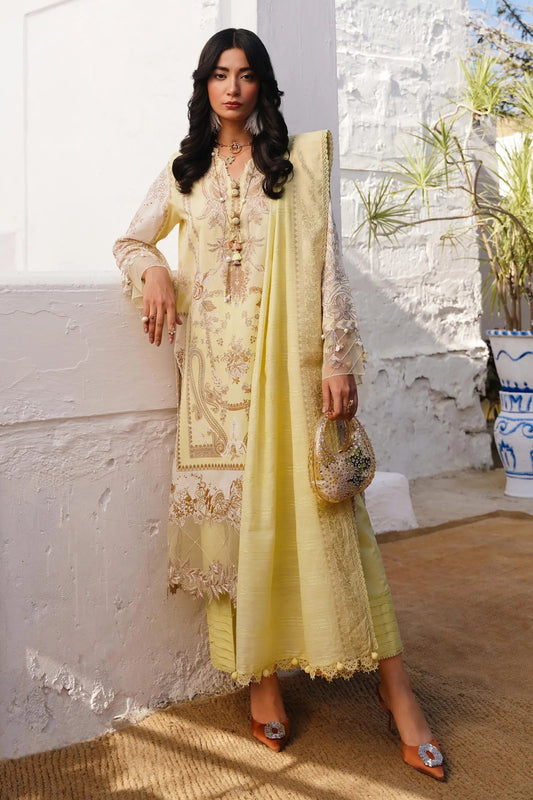 Model wearing Sana Safinaz Muzlin Spring '24 Vol-1 M241-018A-3CM dress, showcasing Pakistani fashion online in the UK.