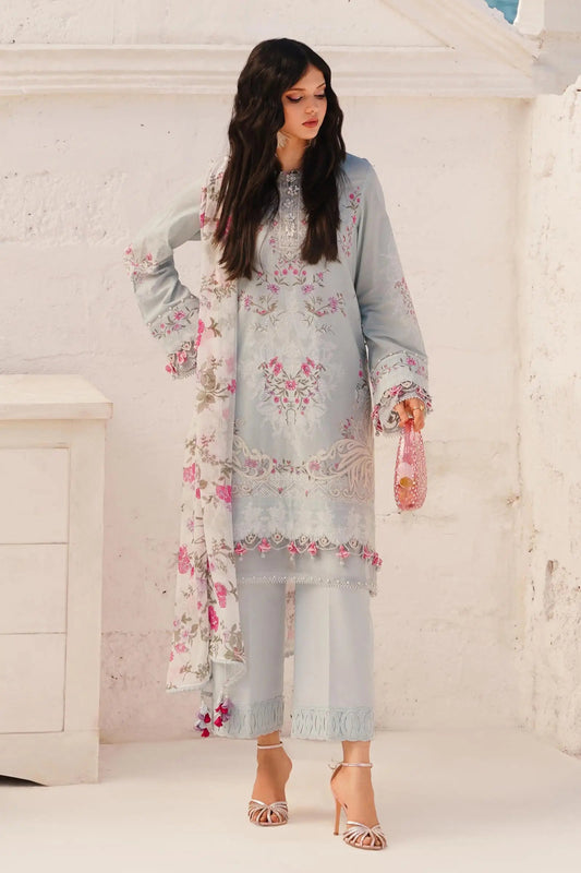 Model wearing Sana Safinaz Muzlin Spring '24 Vol-1 M241-019B-3CI dress, epitomizing elegant Pakistani fashion online in the UK.