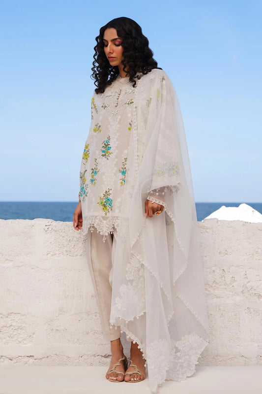 Model wearing Sana Safinaz Muzlin Spring '24 Vol-1 M241-020A-3CW dress, showcasing elegant Pakistani clothes available online in the UK.