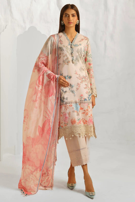 Model wearing Sana Safinaz Muzlin Summer '24 M242-001A-CI dress, highlighting Pakistani clothes online in the UK.