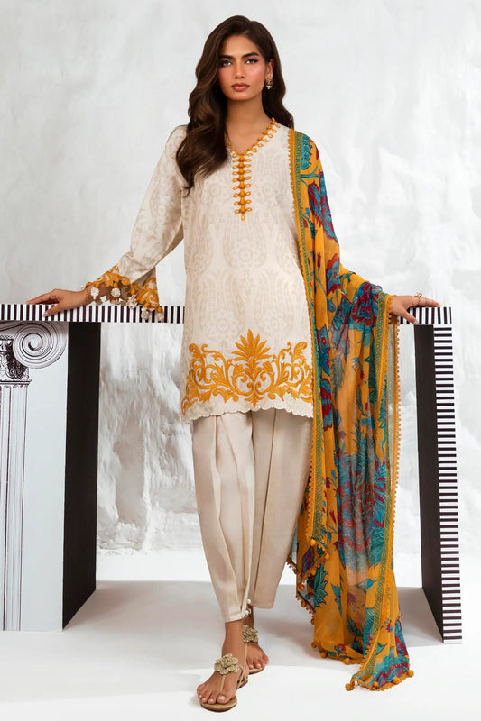 Model wearing Sana Safinaz M242 - 003B - CI cream dress with yellow embroidery and vibrant dupatta, ideal for Pakistani designer clothes in UK, readymade lawn suits.