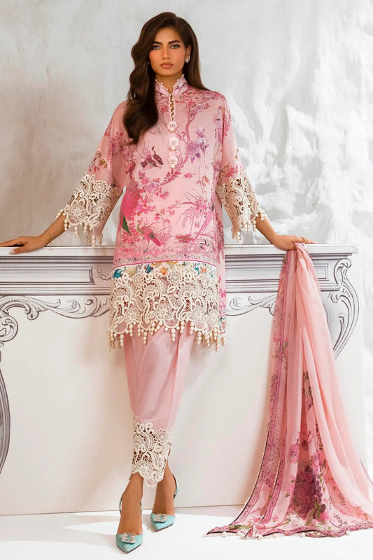 Model wearing Sana Safinaz M242 - 004A - CI pink dress with floral prints and intricate cream lace, ideal for Pakistani designer clothes in UK, readymade lawn suits.