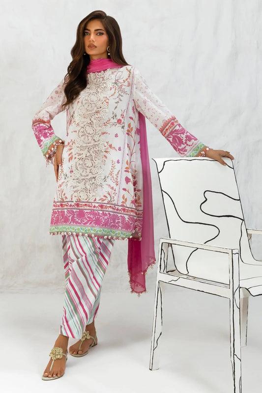 Model wearing Sana Safinaz M242 - 005B - CI white and pink dress with intricate floral embroidery, perfect for Pakistani designer clothes in the UK, readymade lawn suits.