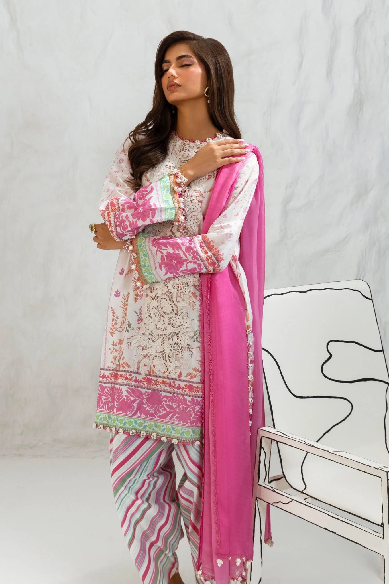 Model wearing Sana Safinaz Muzlin Summer '24, Design M242 - 005B - CI dress, perfect for Pakistani clothes online in the UK.