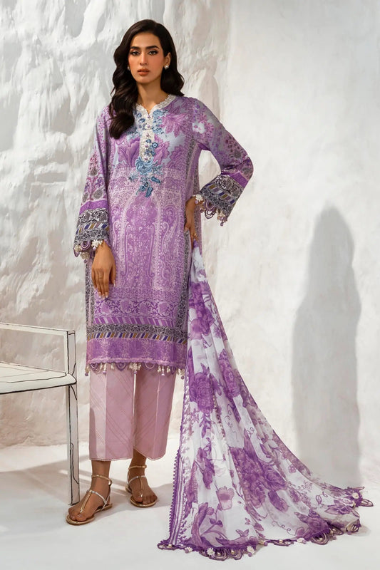 Model wearing Sana Safinaz M242 - 006B - CI lavender and pink dress with intricate floral embroidery, ideal for stylish Pakistani lawn suits in the UK.