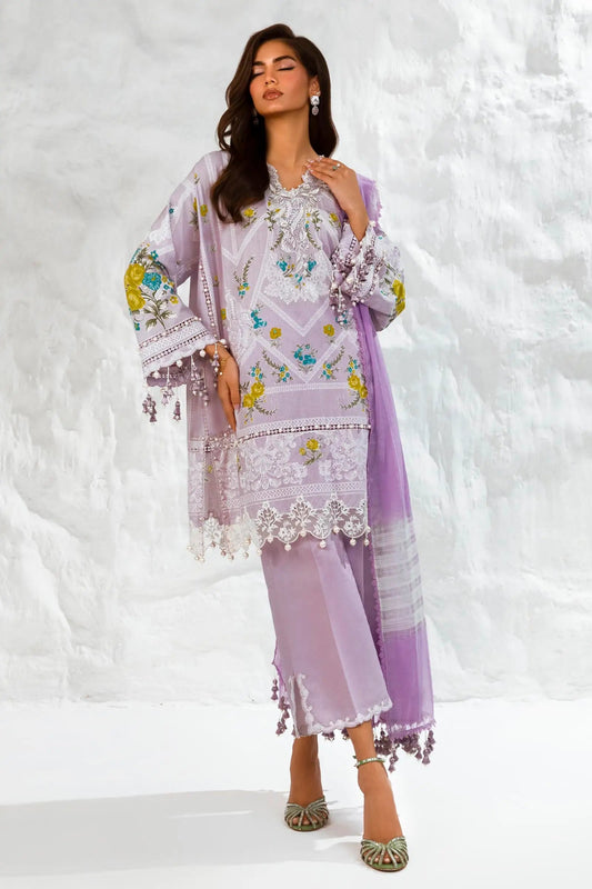 Model wearing Sana Safinaz M242 - 007A - DG lavender dress with floral embroidery, ideal for stylish Pakistani lawn suits in the UK.