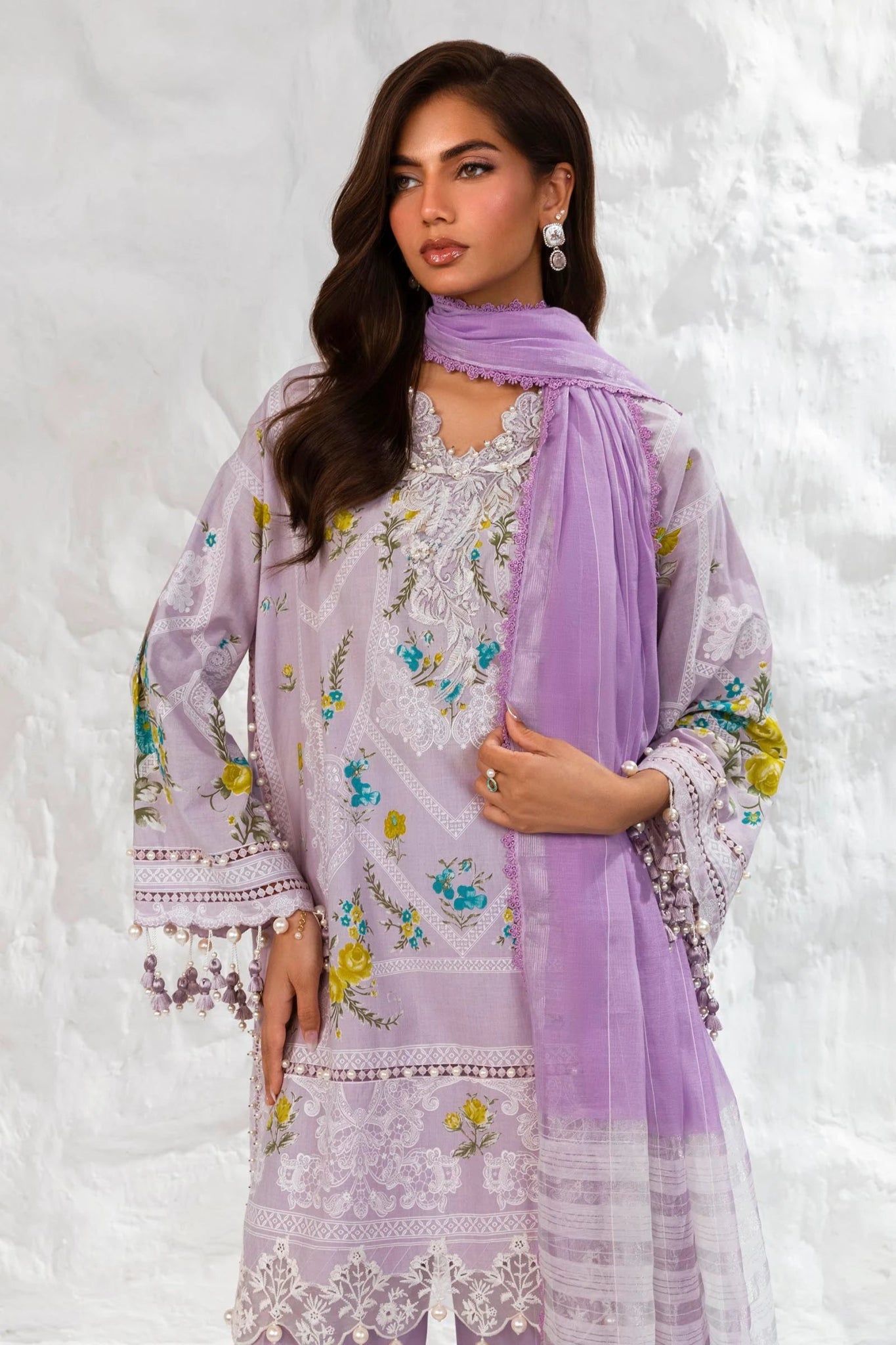 Model wearing Sana Safinaz Muzlin Summer '24, Design M242 - 007A - DG dress, a chic choice for Pakistani clothes online in the UK.