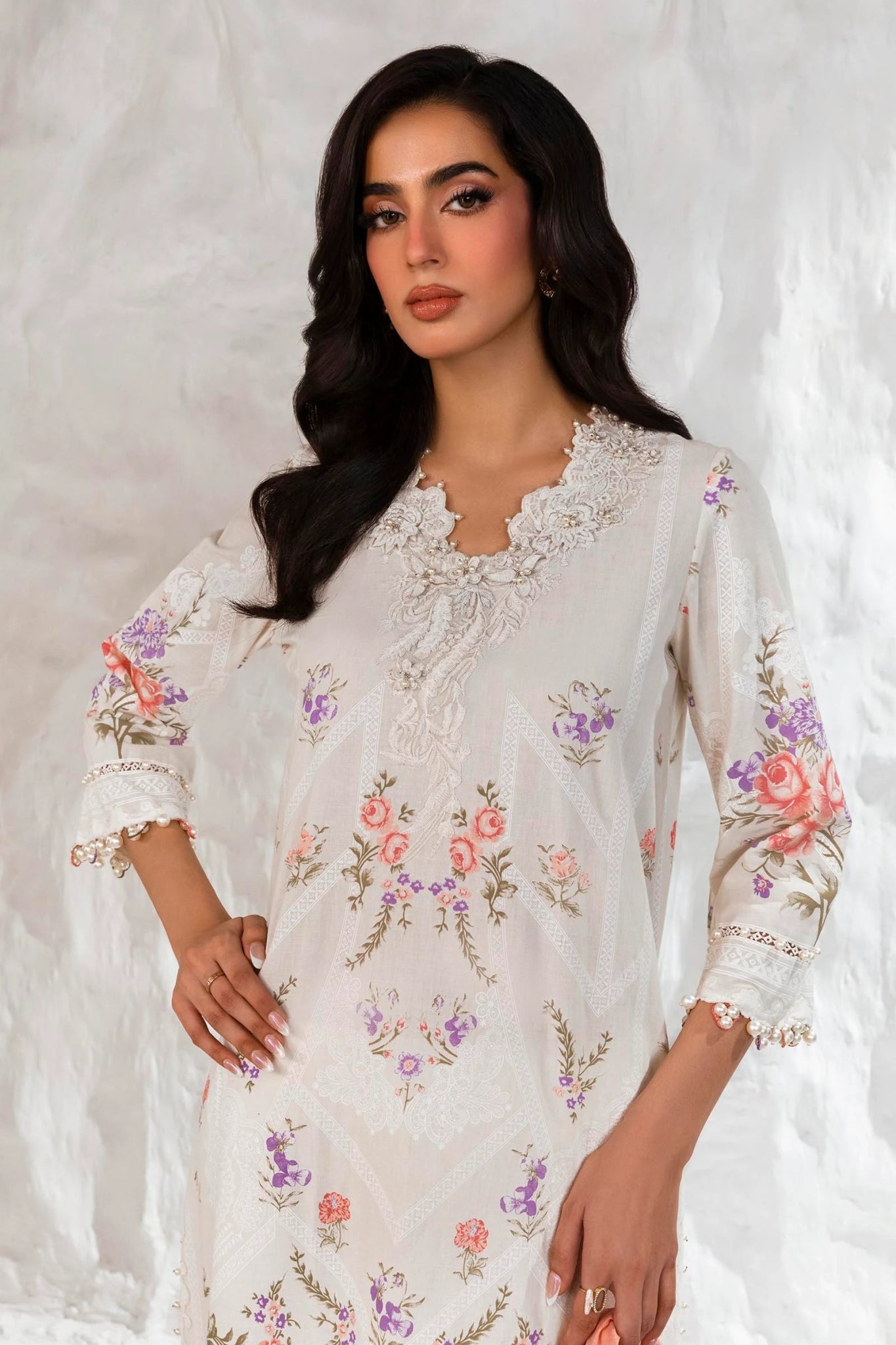 Model wearing Sana Safinaz Muzlin Summer '24, Design M242 - 007B - DG dress from Sana Safinaz, a chic choice for Pakistani clothes online in the UK.