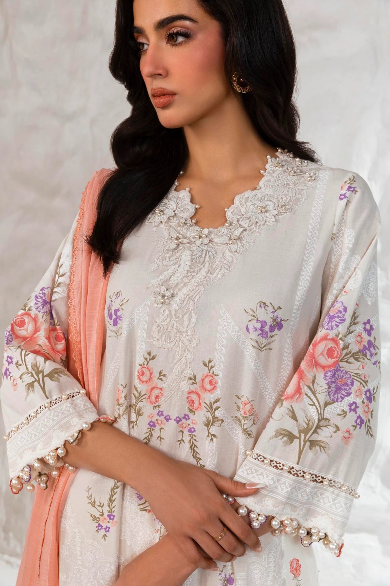 Model wearing Sana Safinaz Muzlin Summer '24, Design M242 - 007B - DG dress from Sana Safinaz, a chic choice for Pakistani clothes online in the UK.