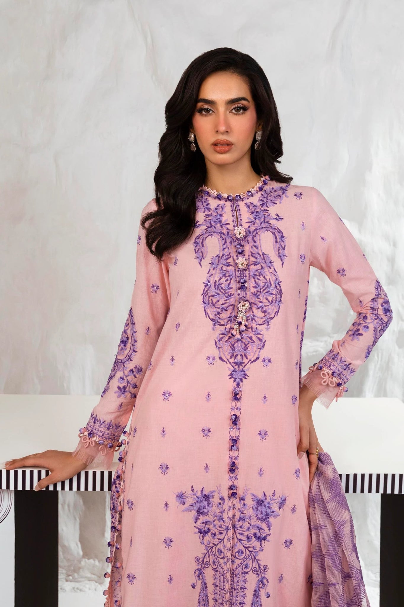 Model wearing Sana Safinaz Muzlin Summer '24, Design M242 - 009B - CT dress from Sana Safinaz, a chic choice for Pakistani clothes online in the UK.