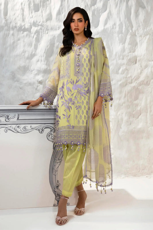 Model wearing Sana Safinaz M242 - 010A - CT light green dress with purple floral embroidery, perfect for stylish Pakistani lawn suits in the UK.