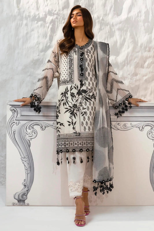 Model wearing Sana Safinaz M242 - 010B - CT black and white dress with intricate patterns, perfect for stylish Pakistani lawn suits in the UK.