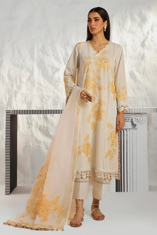 Model wearing Sana Safinaz M242 - 011B - CT cream dress with yellow floral embroidery, perfect for stylish Pakistani lawn suits in the UK.