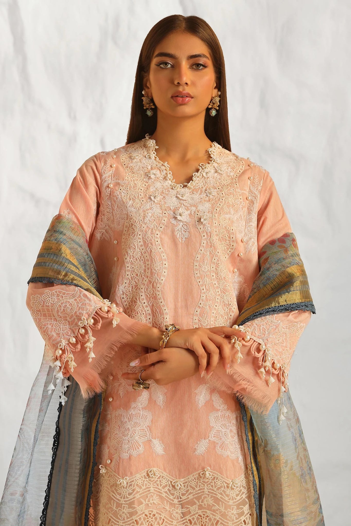 Model wearing Sana Safinaz Muzlin Summer '24, Design M242-013A-DH, perfect for Pakistani fashion online in the UK.