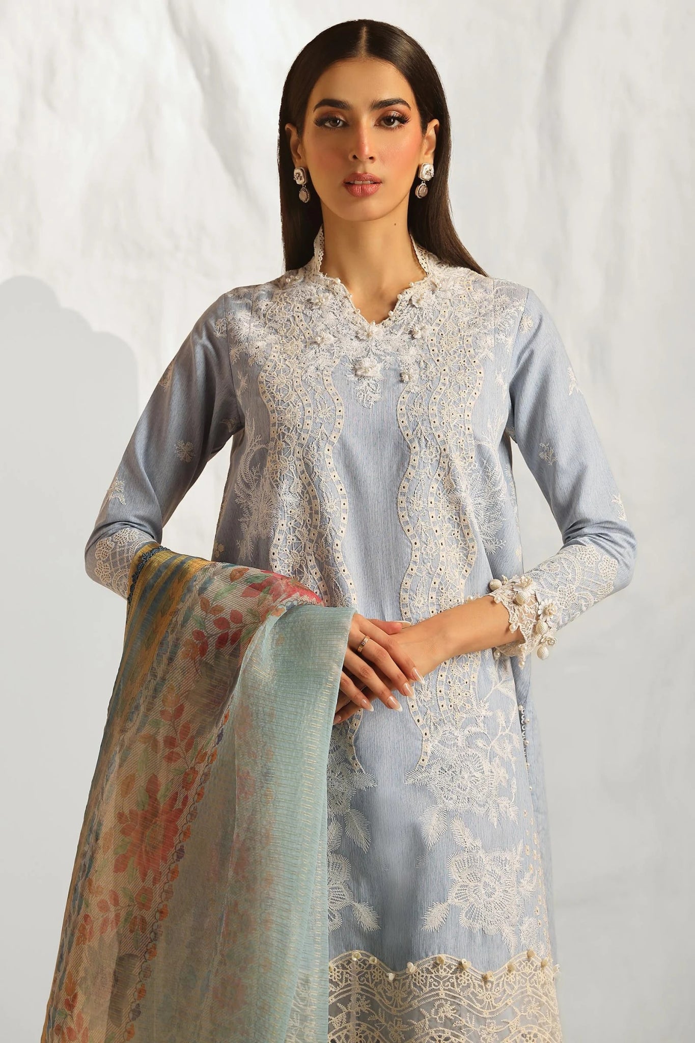 Model wearing Sana Safinaz Muzlin Summer '24, Design M242-013B-DH, ideal for Pakistani fashion online in the UK.