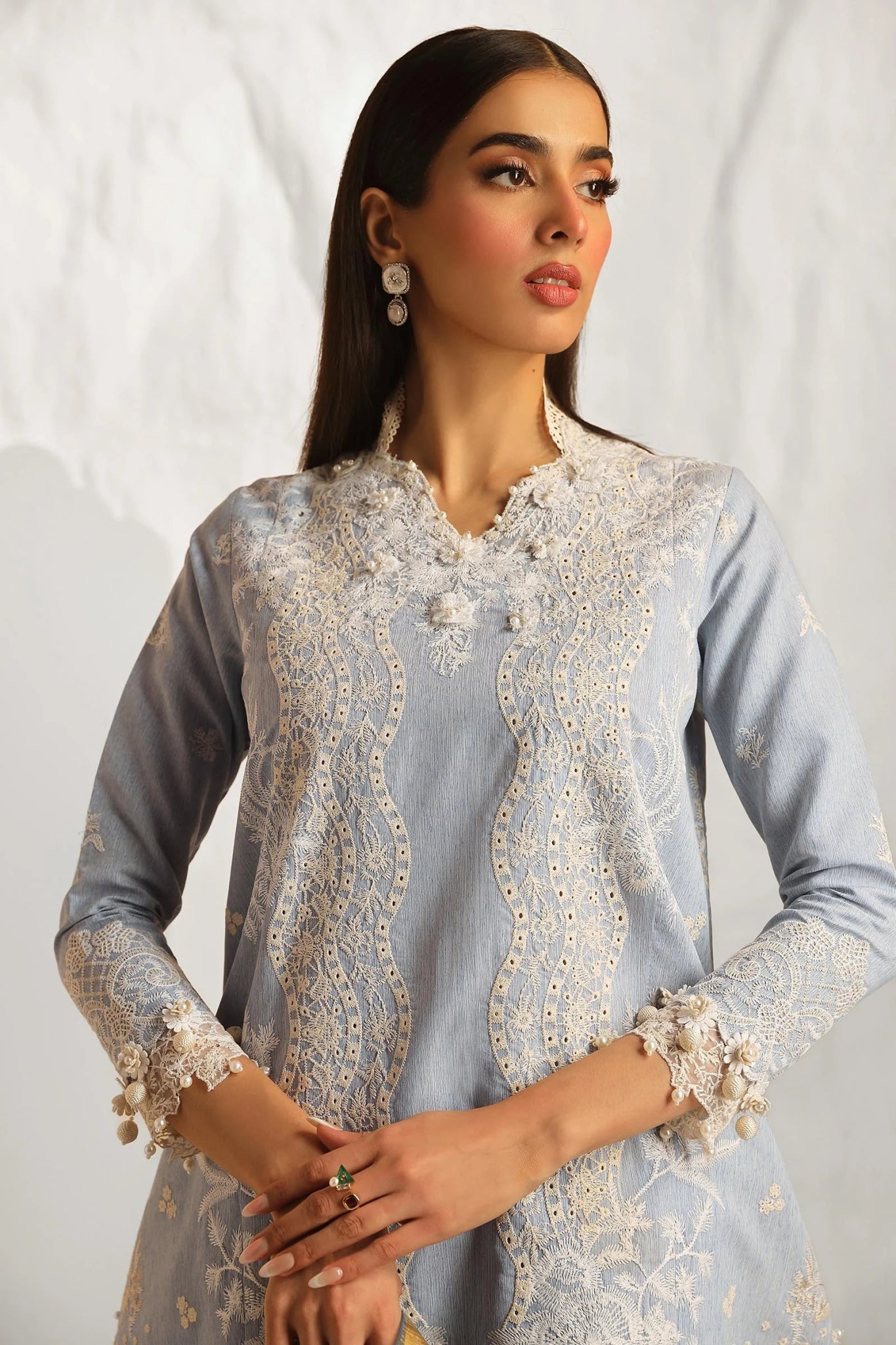 Model wearing Sana Safinaz Muzlin Summer '24, Design M242-013B-DH, ideal for Pakistani fashion online in the UK.